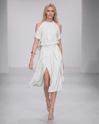 Seralyn Midi Dress by Lauven — halter sleeveless wrap midi dress with tie waist and front slit