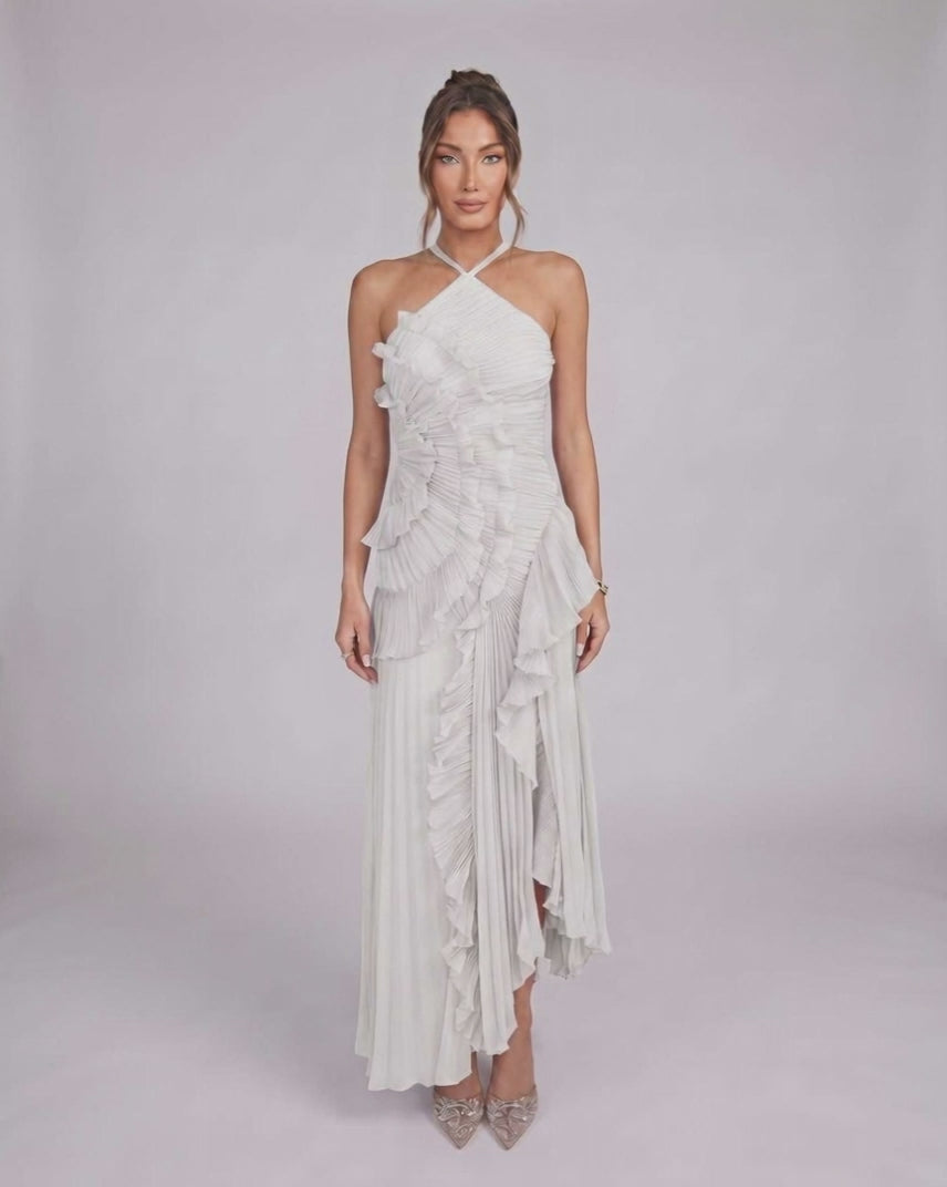 Valerise Maxi Dress by Lauven — chiffon sleeveless halter asymmetrical maxi dress