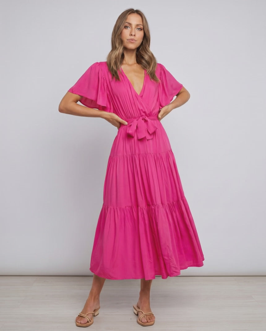 Solenne Midi Dress by Lauven — chiffon butterfly sleeve V-neck tiered midi dress