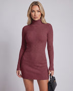 Veloura Mini Dress by Lauven — ribbed knit long sleeve high neck slim fit mini dress