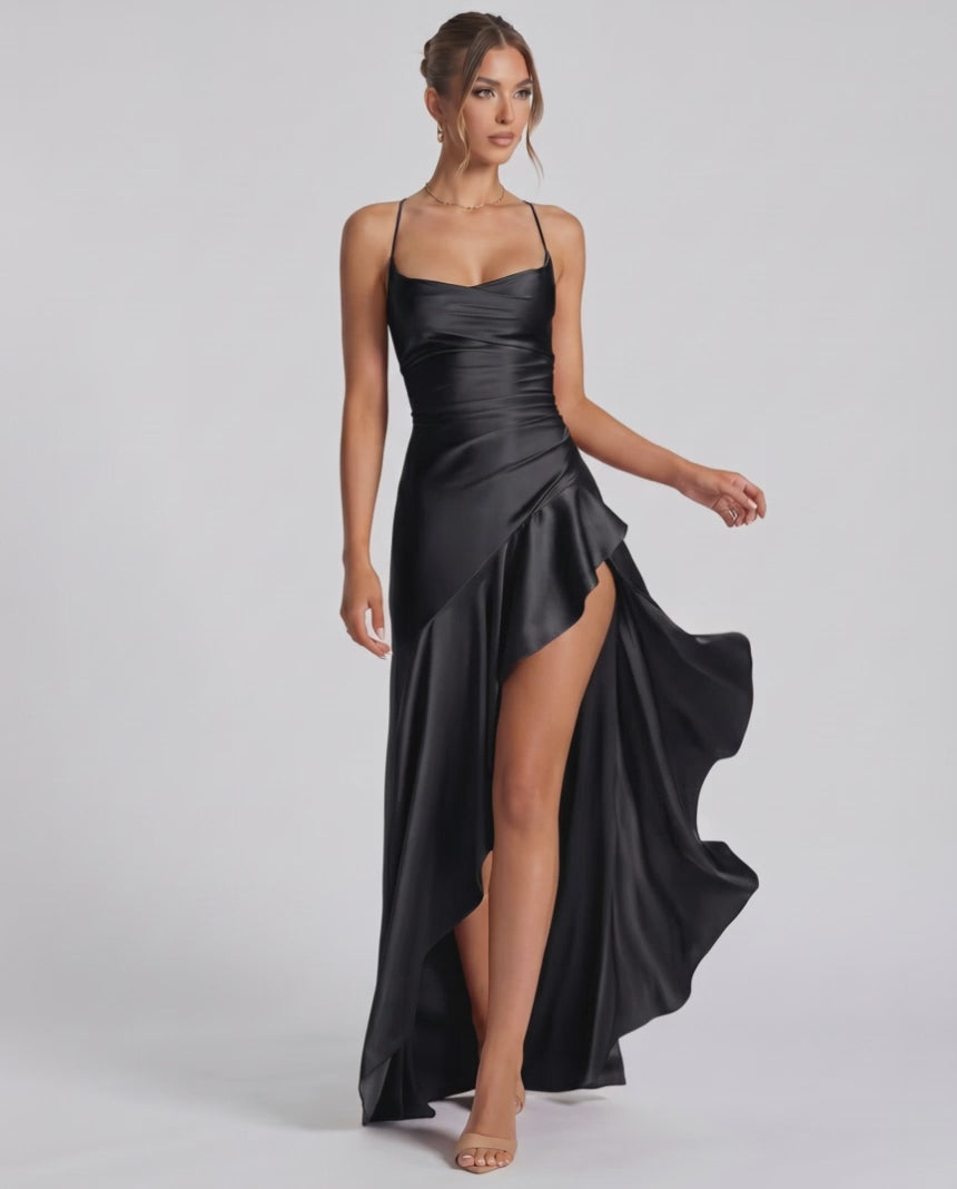 Veloura Maxi Dress by Lauven — satin spaghetti strap cowl neck bodycon maxi dress