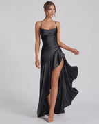 Veloura Maxi Dress by Lauven — satin spaghetti strap cowl neck bodycon maxi dress
