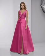 Calyptra Maxi Dress in fuchsia satin features a V-neck and A-line silhouette by Lauven, delivering elegance and modern style.