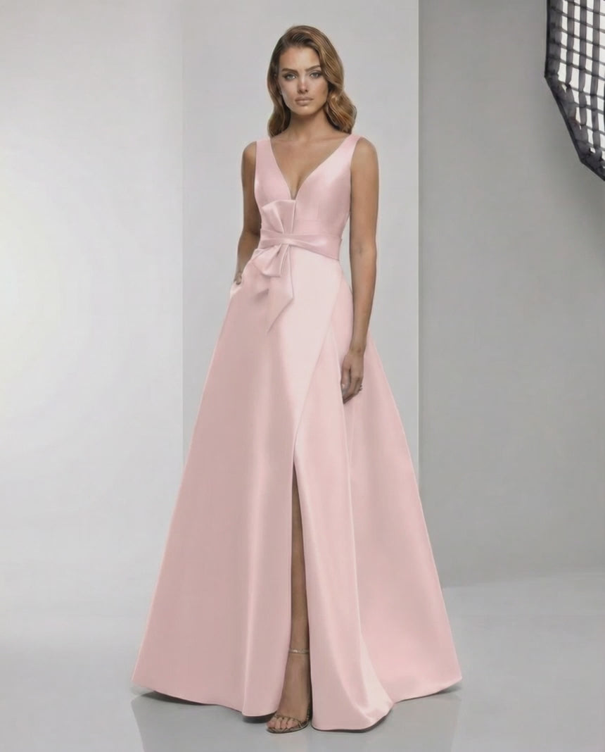 Seraphine Maxi Dress in pink satin with wrap slit, bow waist, elegant A-line silhouette by Lauven.