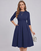Aurielle Midi Dress by Lauven — polyester blend 3/4 sleeve crew neck A-line midi dress