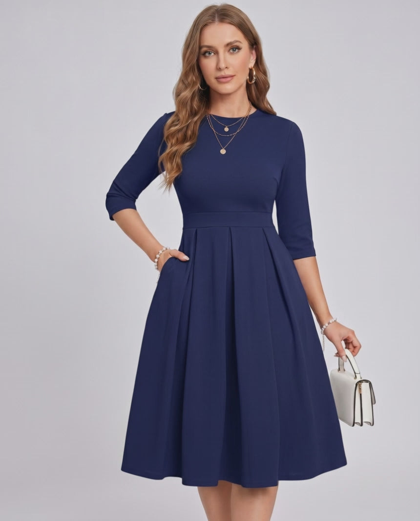 Aurielle Midi Dress by Lauven — polyester blend 3/4 sleeve crew neck A-line midi dress