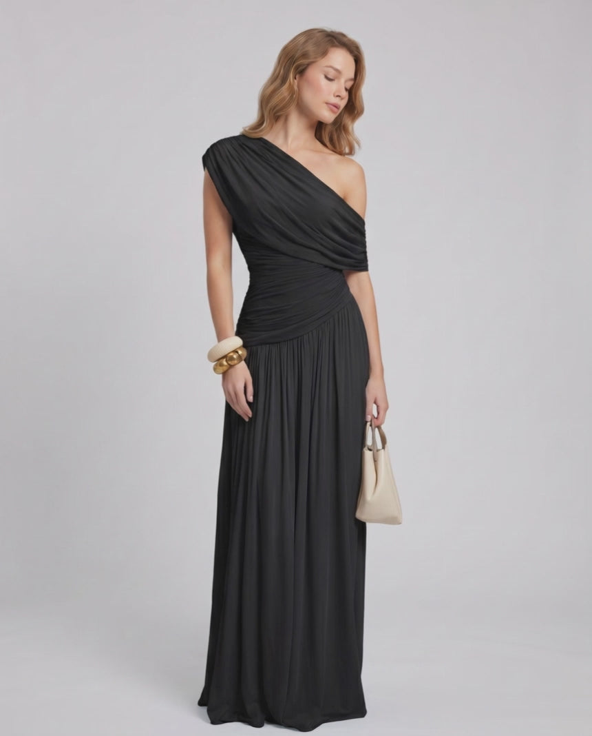 Veloura Maxi Dress by Lauven — stretch jersey sleeveless one-shoulder draped maxi dress