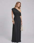 Veloura Maxi Dress by Lauven — stretch jersey sleeveless one-shoulder draped maxi dress