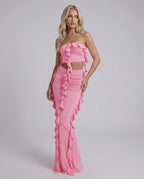 Celeste Maxi Dress by Lauven - Elegant pink strapless dress with ruffle accents and a modern silhouette.