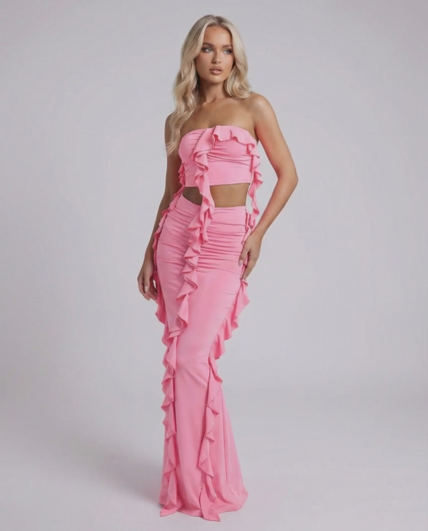 Celeste Maxi Dress by Lauven - Elegant pink strapless dress with ruffle accents and a modern silhouette.
