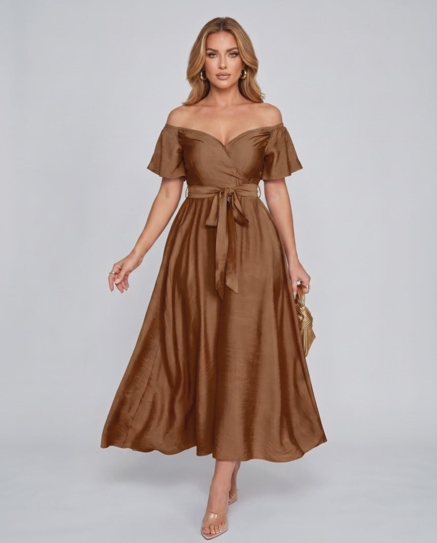Seraph Midi Dress by Lauven — satin short sleeve off-shoulder sweetheart A-line midi dress