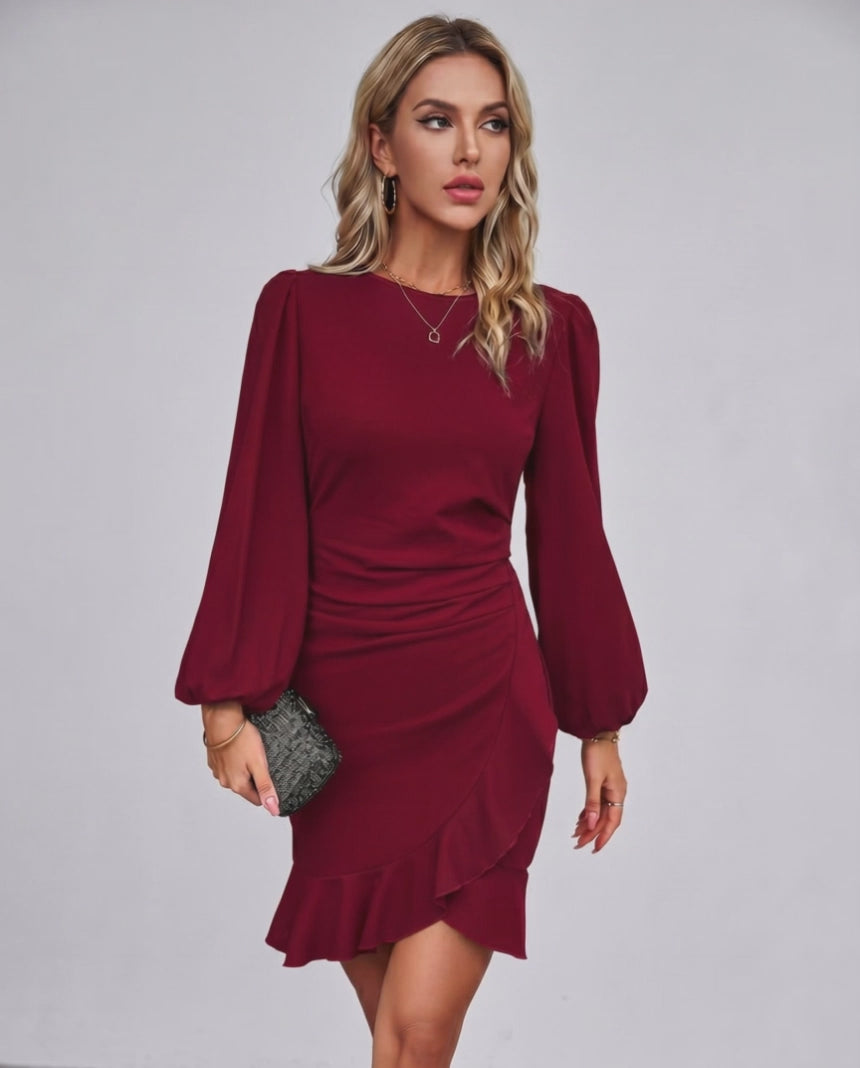 Virelle Mini Dress by Lauven — long sleeve round neck fitted mini dress with ruffle hem