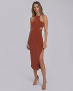 Sable Midi Dress by Lauven — suede-touch polyester blend sleeveless crew neck slim midi dress