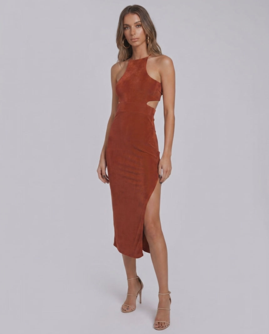 Sable Midi Dress by Lauven — suede-touch polyester blend sleeveless crew neck slim midi dress
