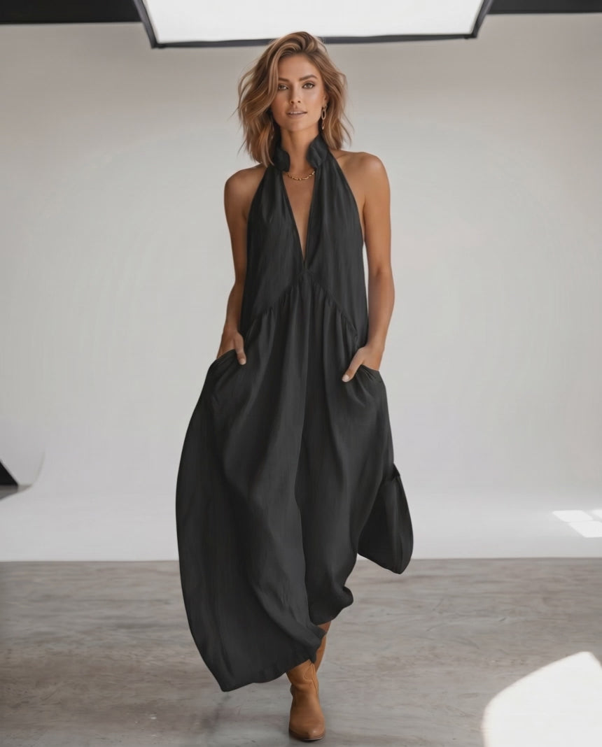 Aveline Maxi Dress by Lauven — lightweight sleeveless v neck halter loose maxi dress with pockets