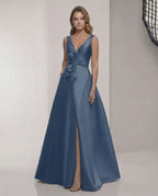 Noctra Maxi Dress - Elegant A-Line navy blue satin dress with V-neck, bow detail, perfect for formal occasions by Lauven.