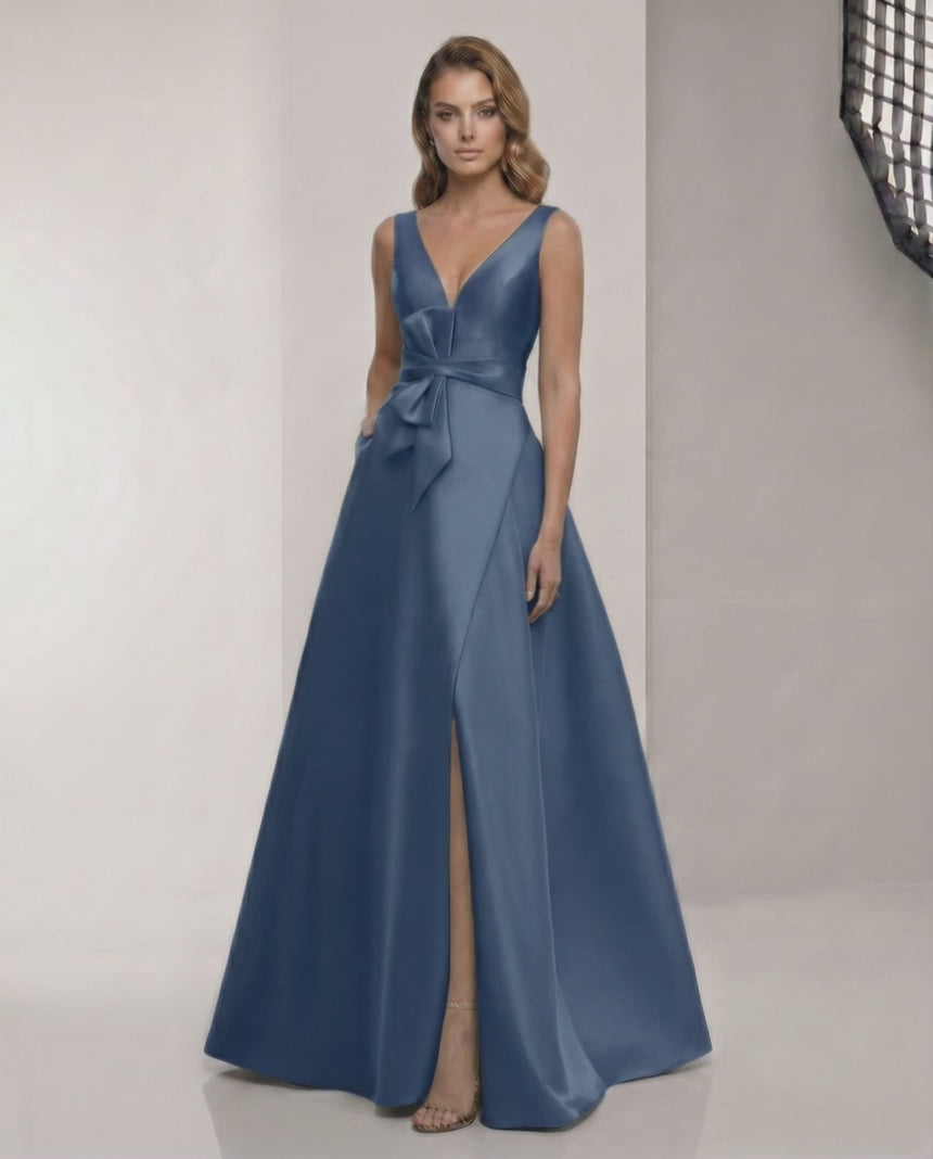 Noctra Maxi Dress - Elegant A-Line navy blue satin dress with V-neck, bow detail, perfect for formal occasions by Lauven.