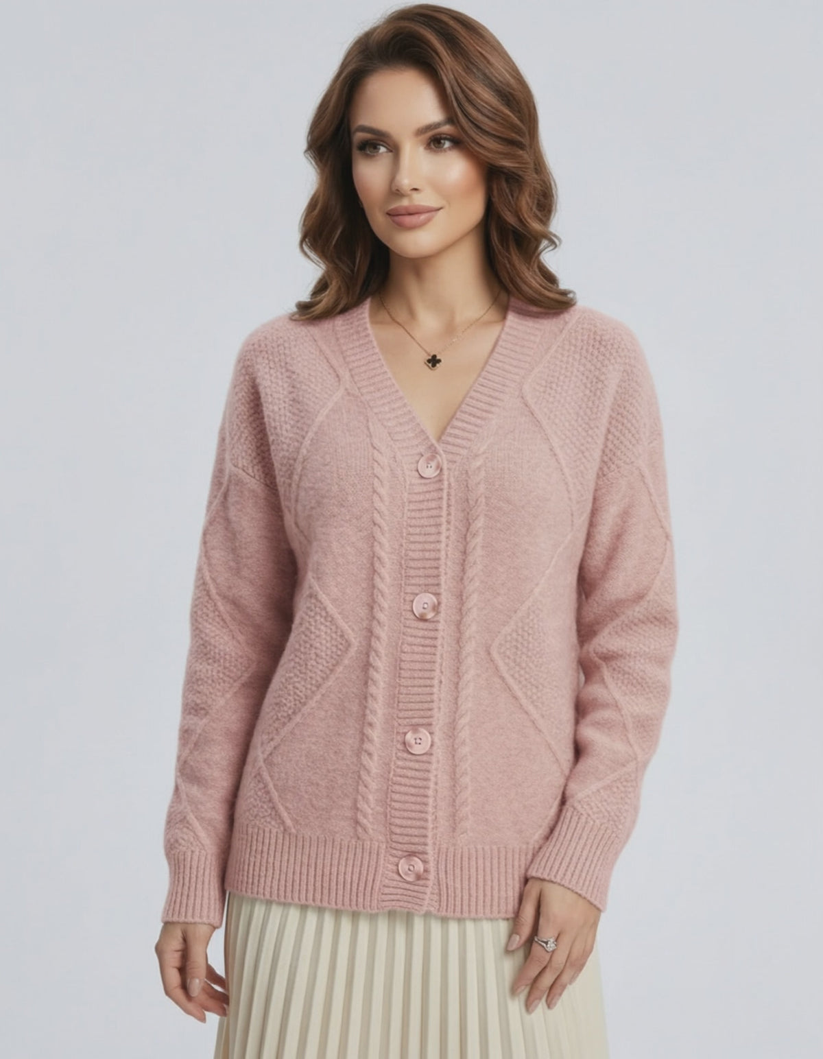 Fleur Cardigan by Lauven – Soft pink long sleeve knitwear with an elegant button-down design.