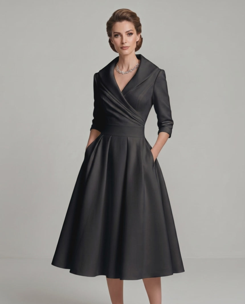 Veloura Midi Dress by Lauven — satin blend long sleeve V-neck A-line midi dress