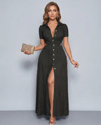 Elara Maxi Dress by Lauven — textured knit short sleeve V-neck button front maxi dress
