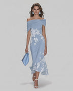 Veloura Midi Dress by Lauven — floral off shoulder satin midi dress with draped sleeves
