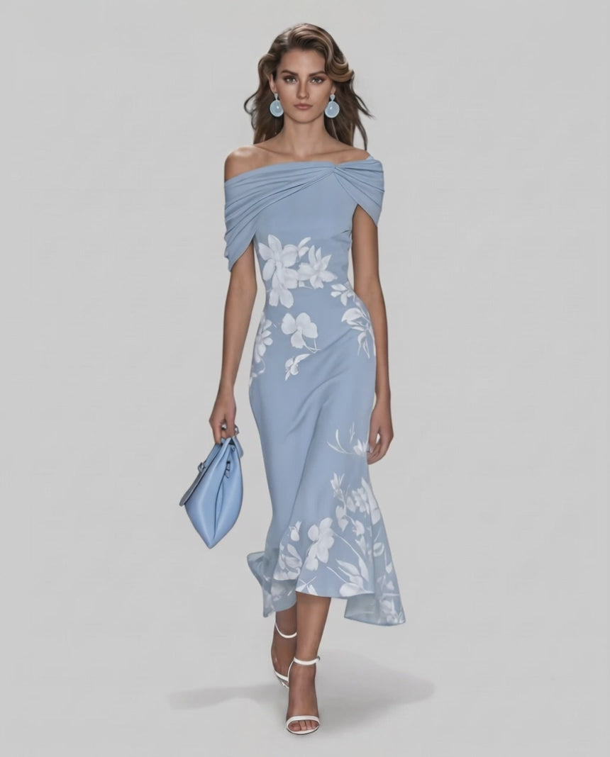 Veloura Midi Dress by Lauven — floral off shoulder satin midi dress with draped sleeves