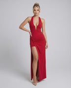 Velisse Maxi Dress in red, features a deep V-neck, halter cut, and high waist, by Lauven for an elegant evening look.