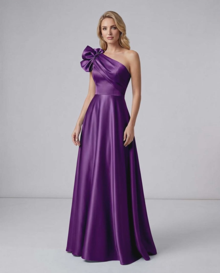 Aurevina Maxi Dress by Lauven — satin one shoulder A-line maxi dress with ruffle detail
