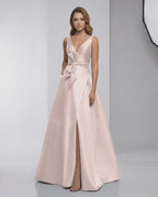 Zafira Maxi Dress - Blush Satin A-Line V-Neck with bow detail by Lauven, exuding elegance and modern style.