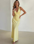 Solara Maxi Dress by Lauven - Elegant yellow satin sleeveless V-neck evening gown with A-line silhouette.