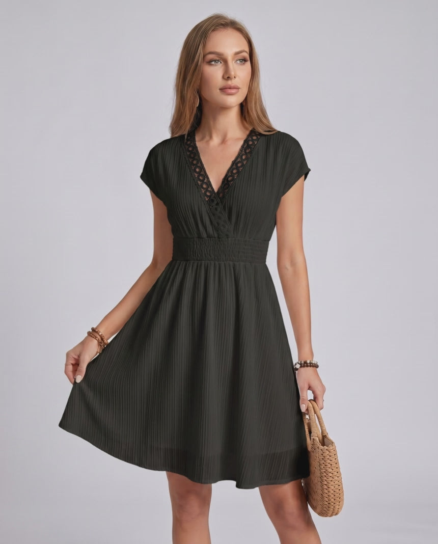 Elara Mini Dress by Lauven — chiffon blend short sleeve V-neck A-line mini dress with lace detail