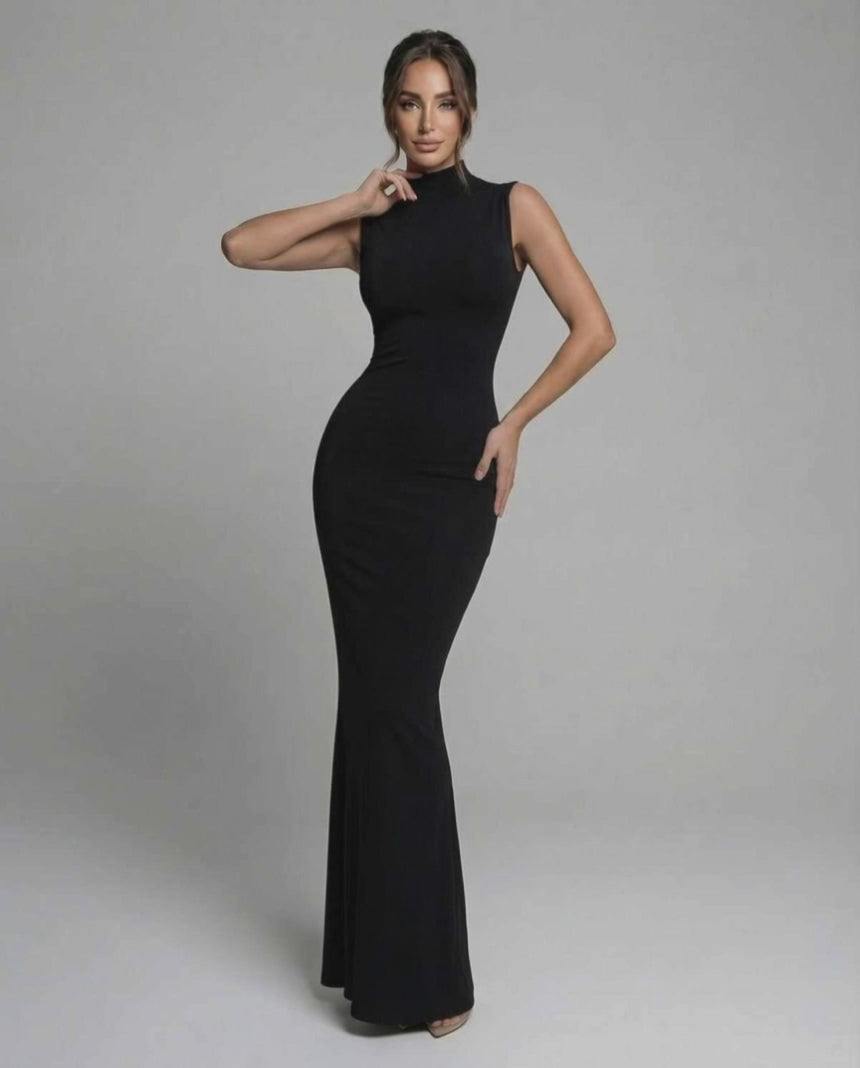 Noctra Maxi Dress: Black sleeveless dress with mock neck, tailored fit, and elegant floor-length silhouette by Lauven.