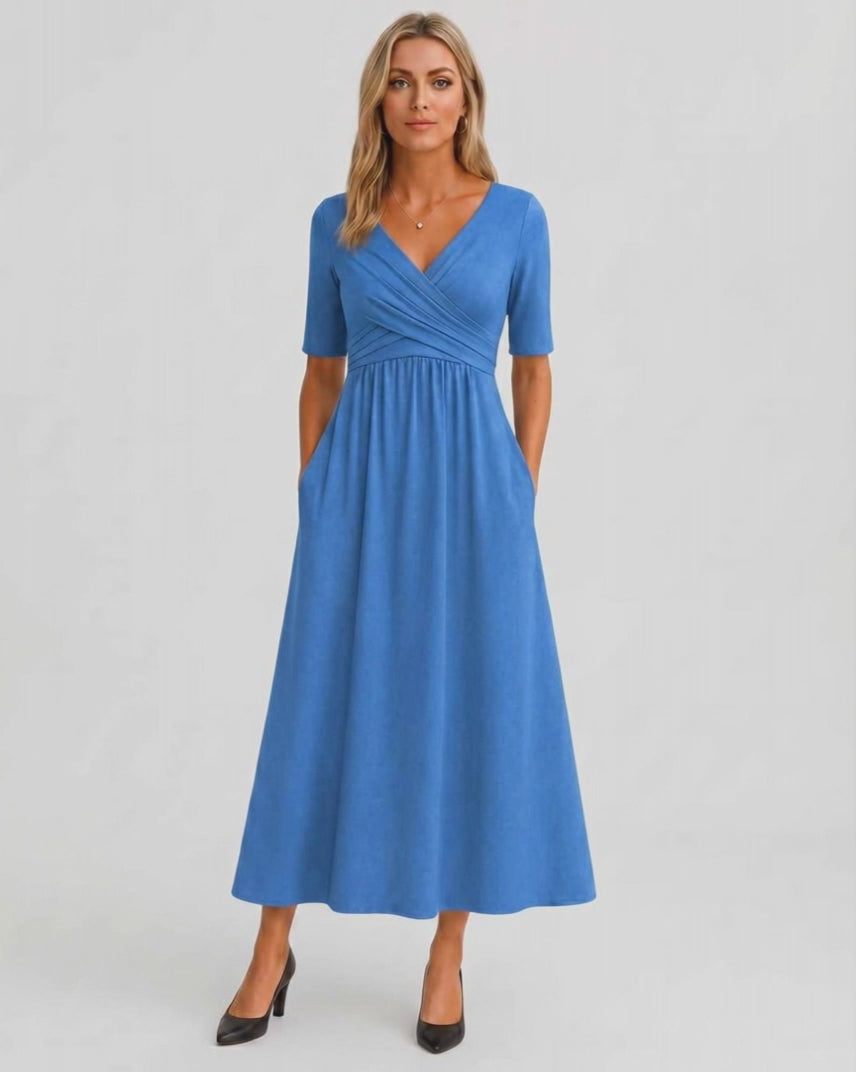 Velmira Midi Dress by Lauven — soft stretch short sleeve V-neck A-line midi dress