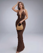 Lunara Maxi Dress, textured polyester blend, halter V-neck, modern silhouette by Lauven.