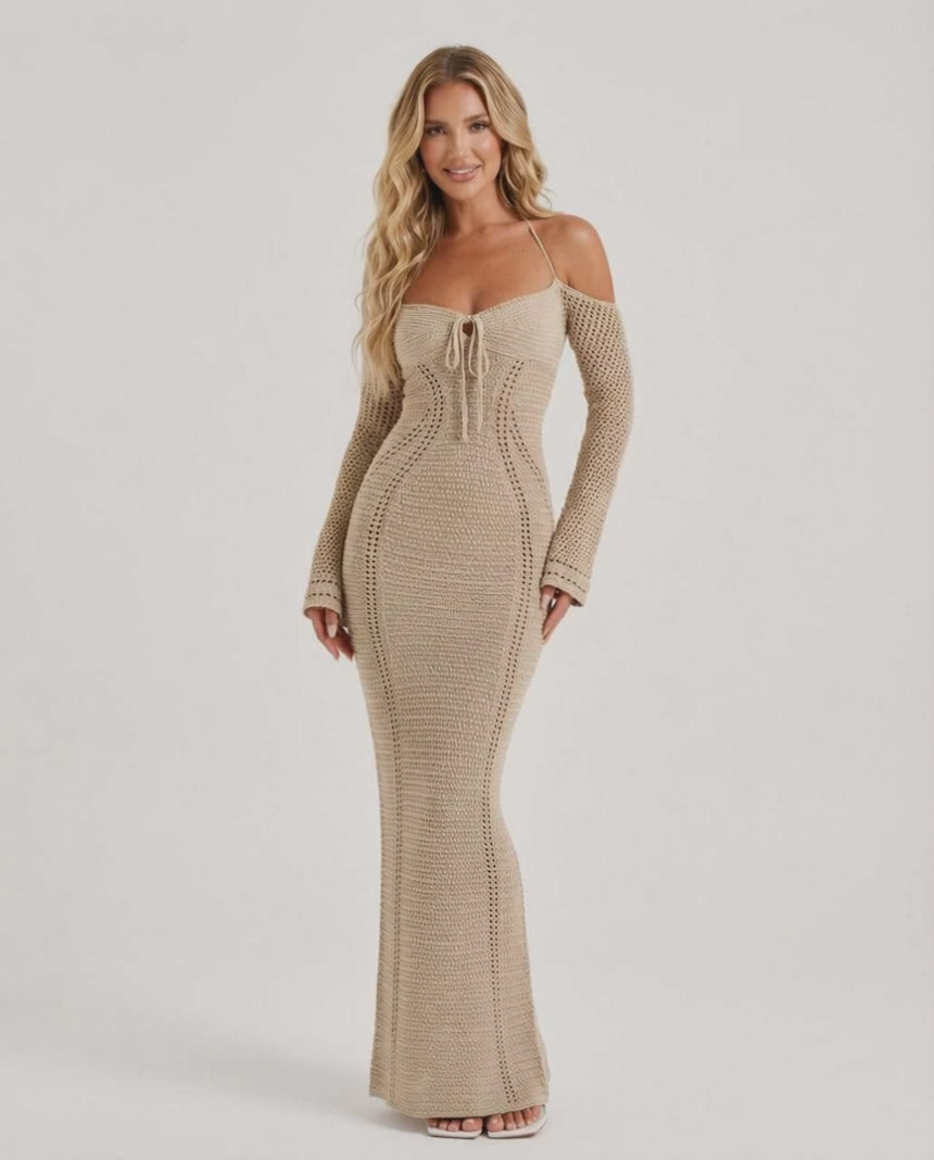 Soleil Maxi Dress - Textured Knit Long Sleeve Dress with Open Back Detail by Lauven, showcasing a stylish and refined silhouette.