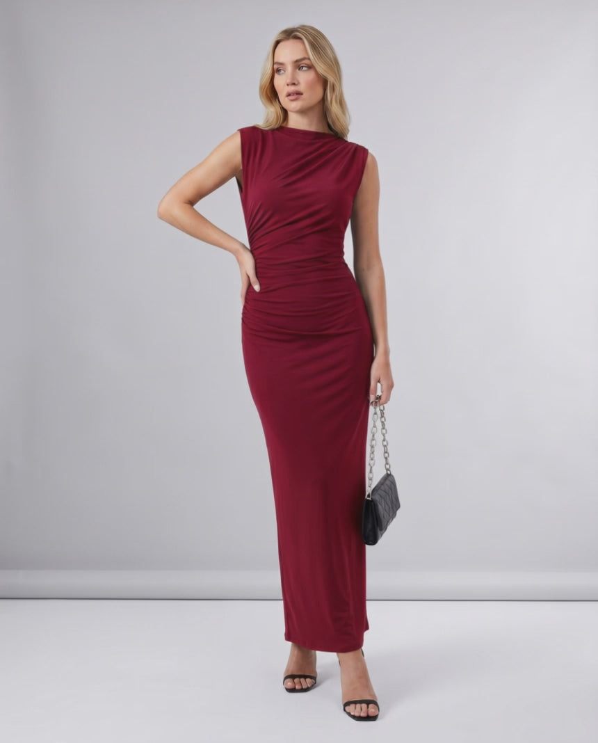 Aureli Maxi Dress by Lauven — stretch polyester sleeveless high neck fitted maxi dress