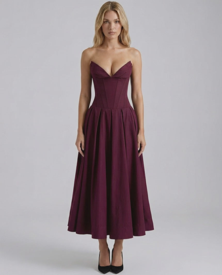 Aveline Midi Dress featuring a fitted bodice, V-neckline, and a flowing skirt by Lauven, perfect for elegant occasions.