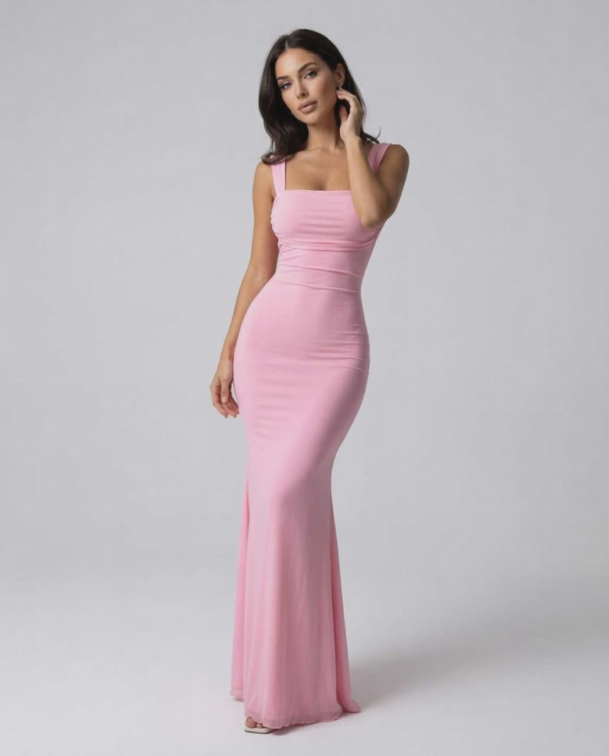 Blush Maxi Dress by Lauven, featuring a sleek spaghetti strap silhouette in soft pink with a flattering fit.
