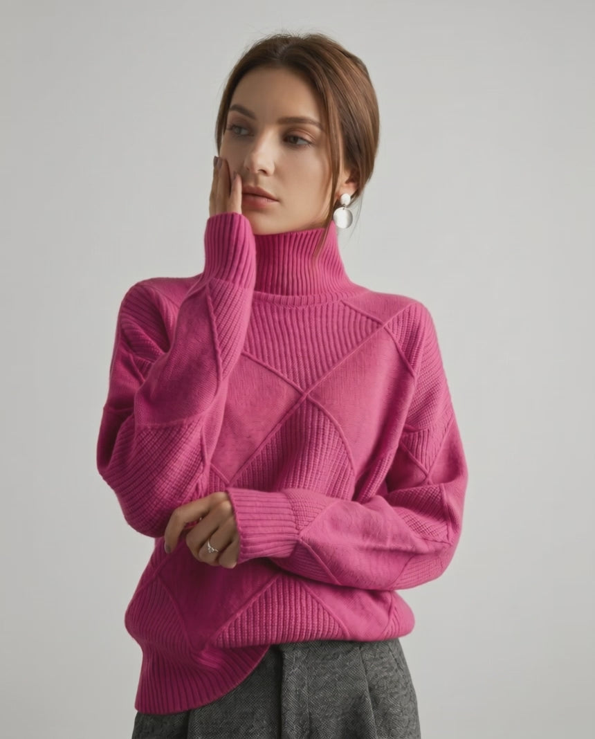 Aureline Sweater by Lauven — women’s oversized high-neck knit sweater with geometric texture and ribbed details