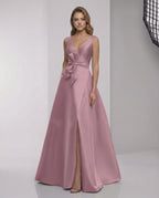 Velmira Maxi Dress – Dusty Rose Satin A-Line V-Neck Evening Dress with elegant structure and softness from Lauven.