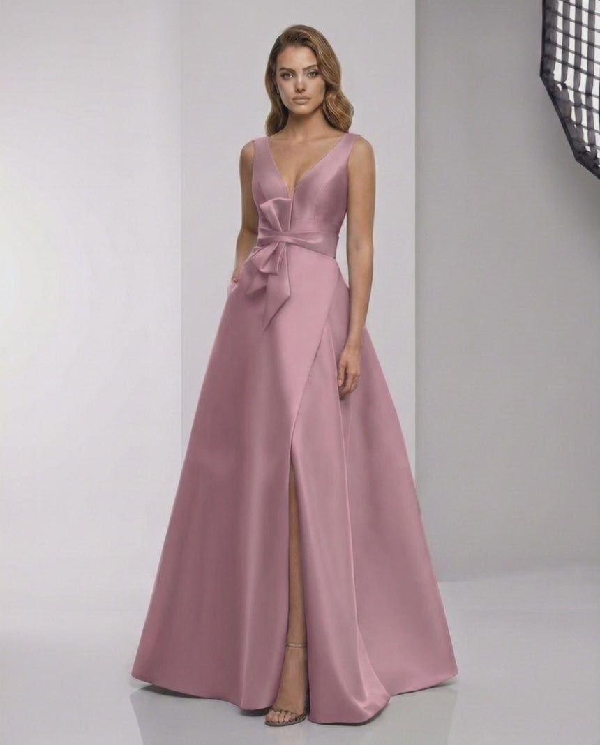 Velmira Maxi Dress – Dusty Rose Satin A-Line V-Neck Evening Dress with elegant structure and softness from Lauven.