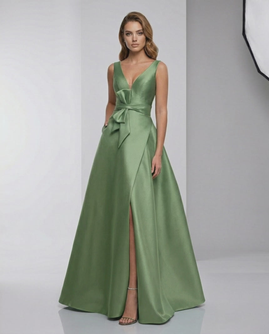 Siena Maxi Dress - Green Satin A-Line V-Neck with elegant bow, creating a polished floor-length look by Lauven.