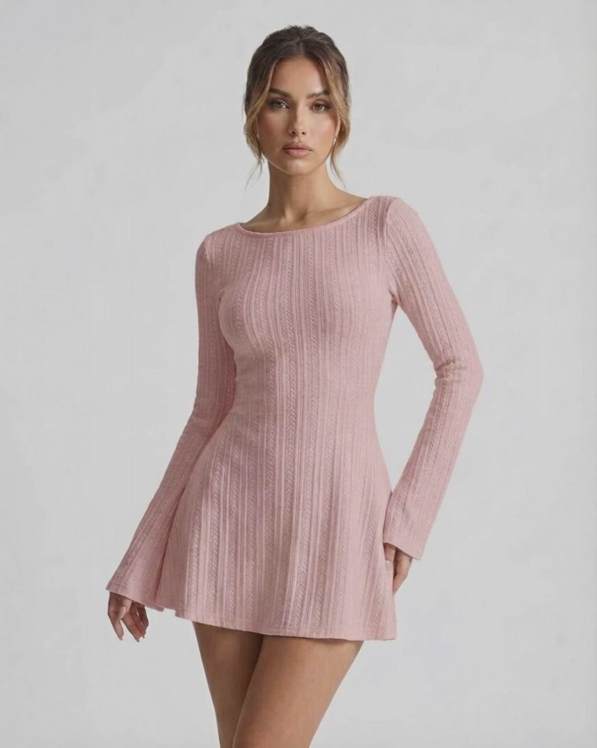Luna Mini Dress - Soft pink cable knit, long flared sleeves, cozy fit, by Lauven, perfect for stylish comfort.