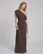 Veloura Maxi Dress by Lauven — stretch jersey sleeveless one-shoulder draped maxi dress