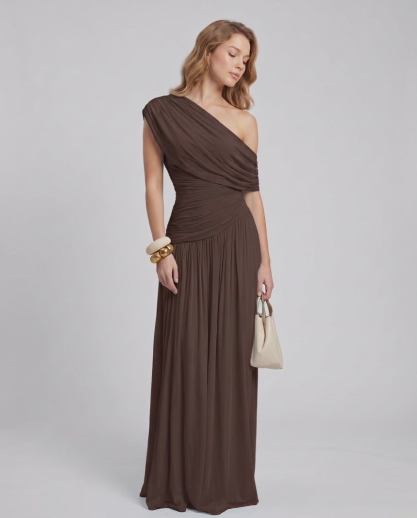 Veloura Maxi Dress by Lauven — stretch jersey sleeveless one-shoulder draped maxi dress