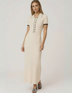 Sorrento Maxi Dress by Lauven – Women’s beige ribbed knit maxi dress with collared button detail.