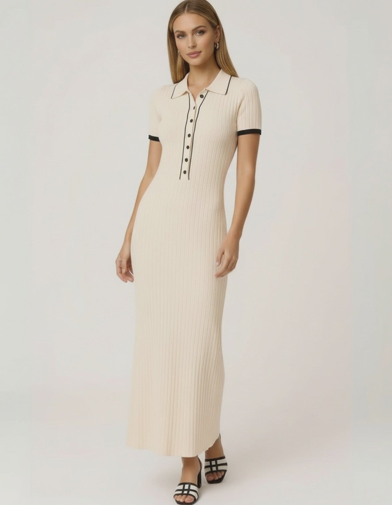 Sorrento Maxi Dress by Lauven – Women’s beige ribbed knit maxi dress with collared button detail.