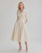 Serelune Midi Dress by Lauven — satin blend 3/4 sleeve V-neck A-line midi dress