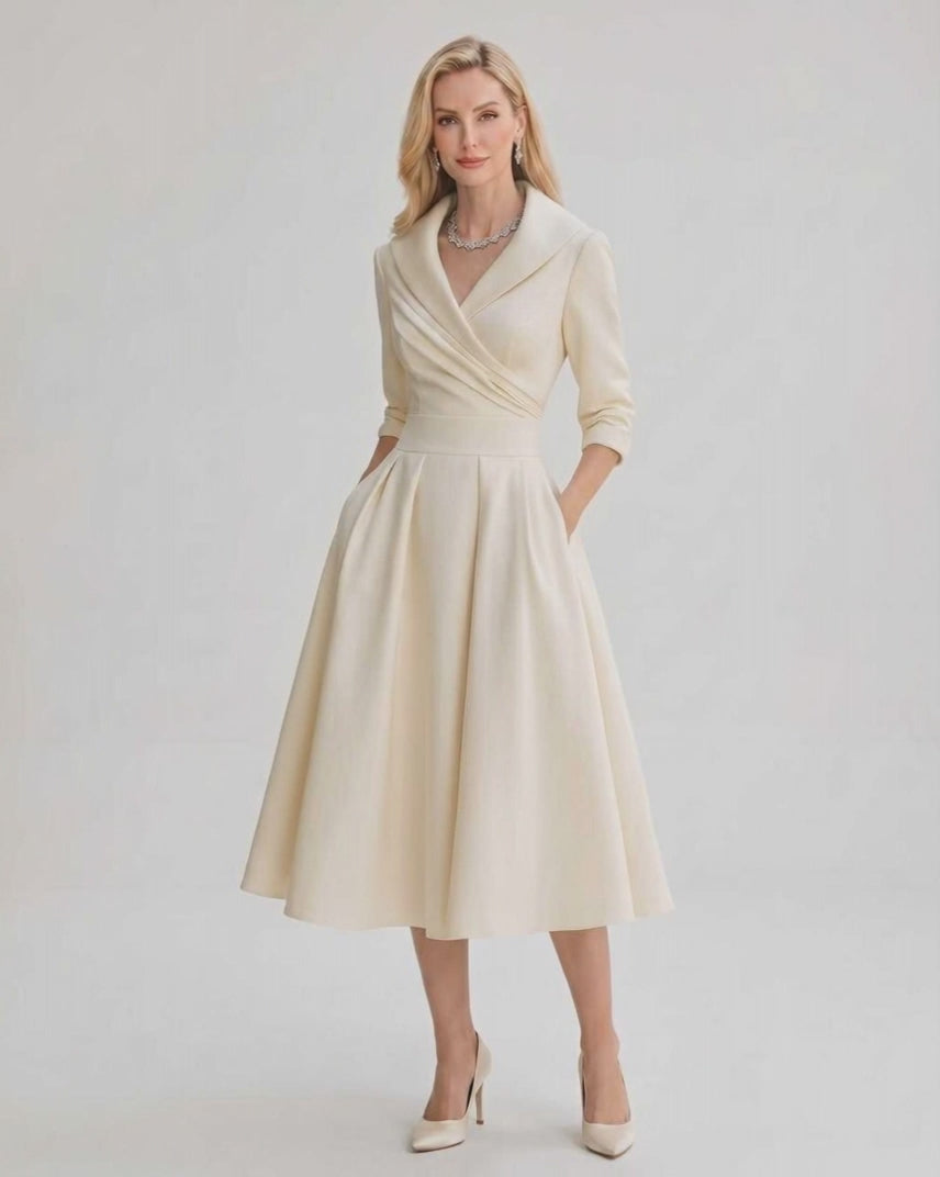 Serelune Midi Dress by Lauven — satin blend 3/4 sleeve V-neck A-line midi dress