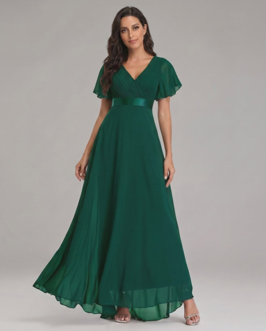 Veloura Maxi Dress by Lauven — chiffon flutter sleeve V-neck A-line maxi dress